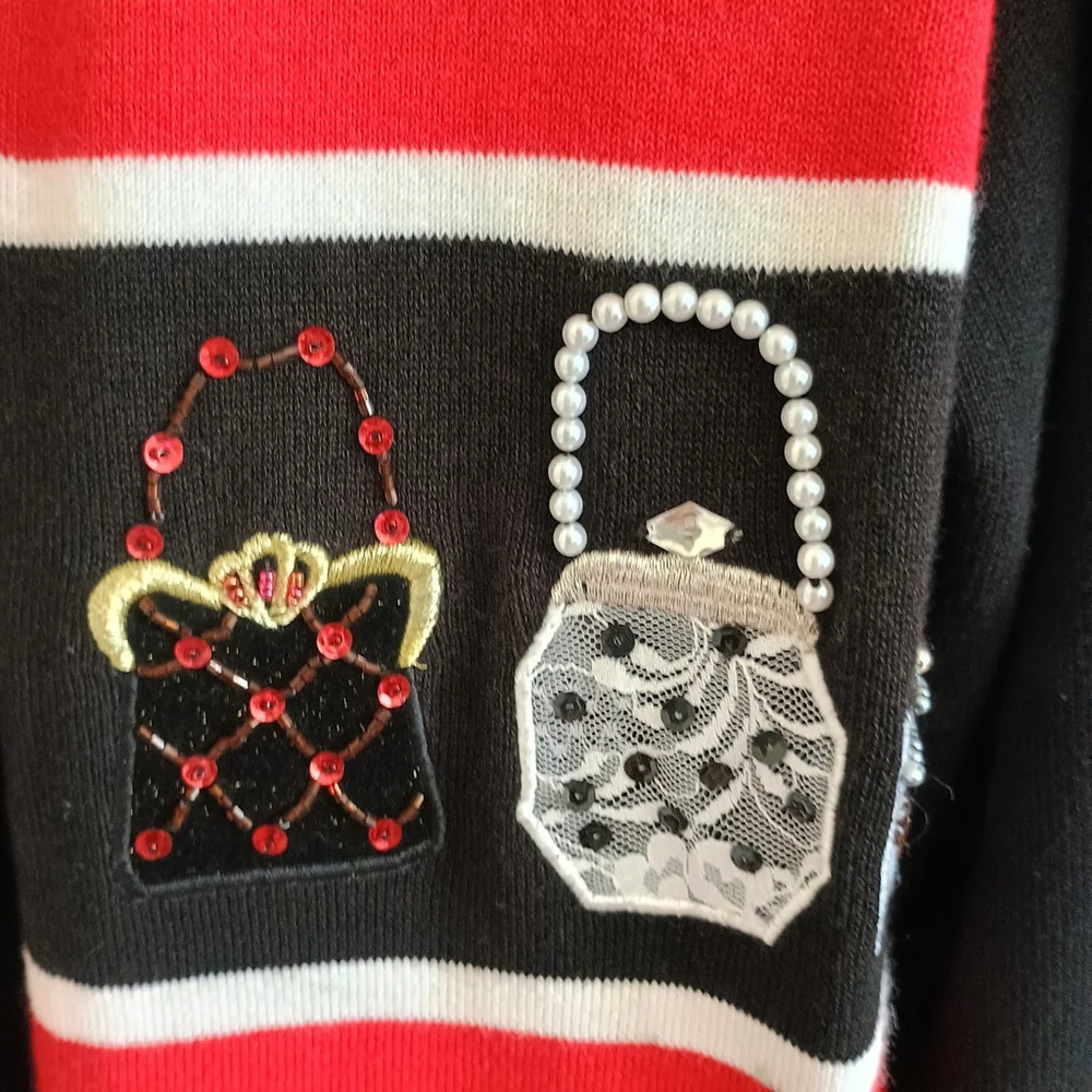 Just B Sequin Beaded Red Black Cardigan Applique Purses Hanging Embellished Sz M